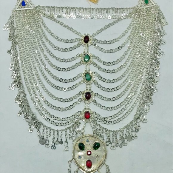 Multilayers Bib Necklace, Tribal Afghani Silver Kuchi Bib Necklace - Picture 6 of 13